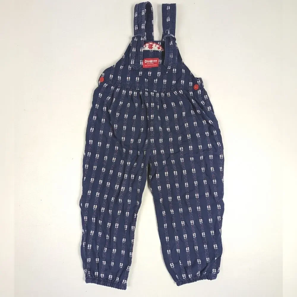 Vtg 90s Oshkosh Bgosh Overalls Girls Sz 4T Blue Floral Denim Bow